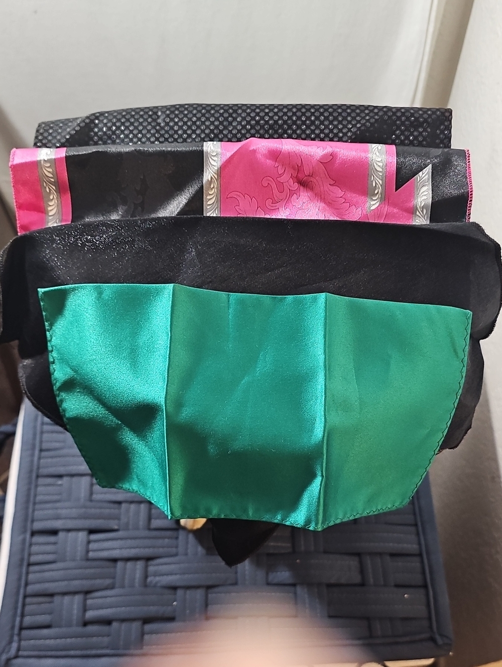 Multiples Pocket Square Set in Black and Green with Pink Accents